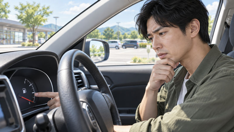 駐車中の車内で燃料計を見ながら、アイドリング時のガソリン消費を気にしている男性ドライバー