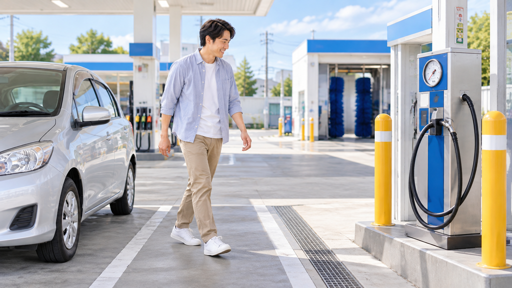 ガソリンスタンド内に設置されたタイヤ用の空気入れを見つける男性