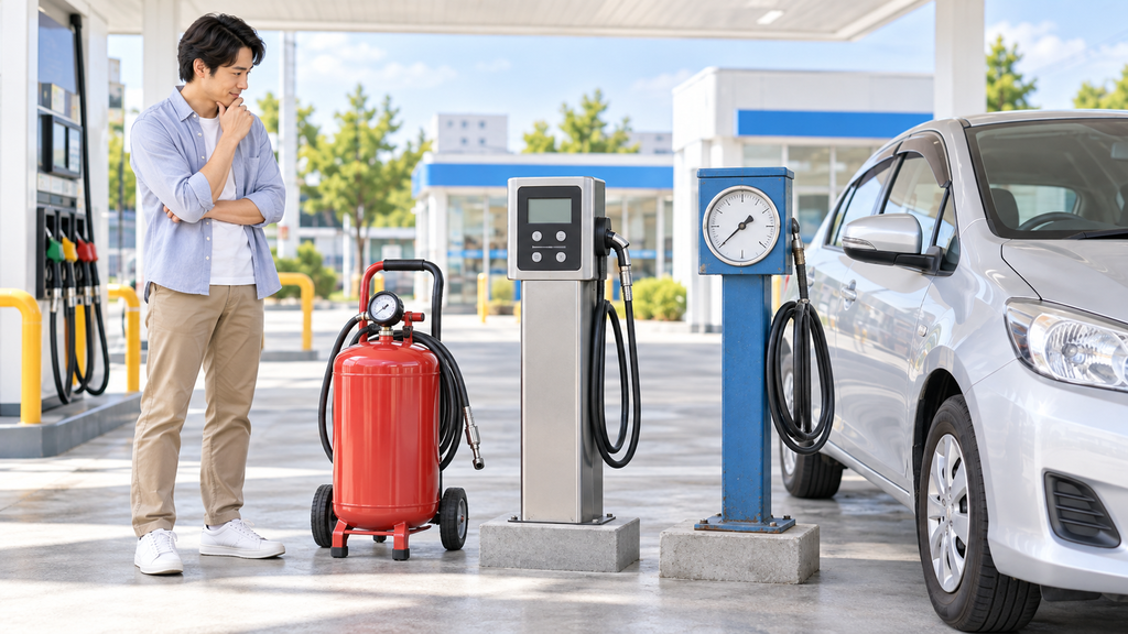 ガソリンスタンドで使われる持ち運び型・デジタル型・ダイヤル型の3種類の空気入れ