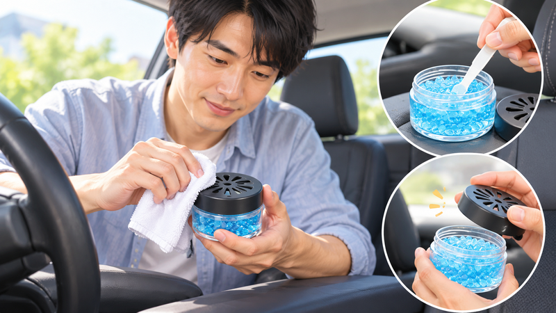 車内でゲル芳香剤の容器を拭き表面の状態を確認して手入れする男性
