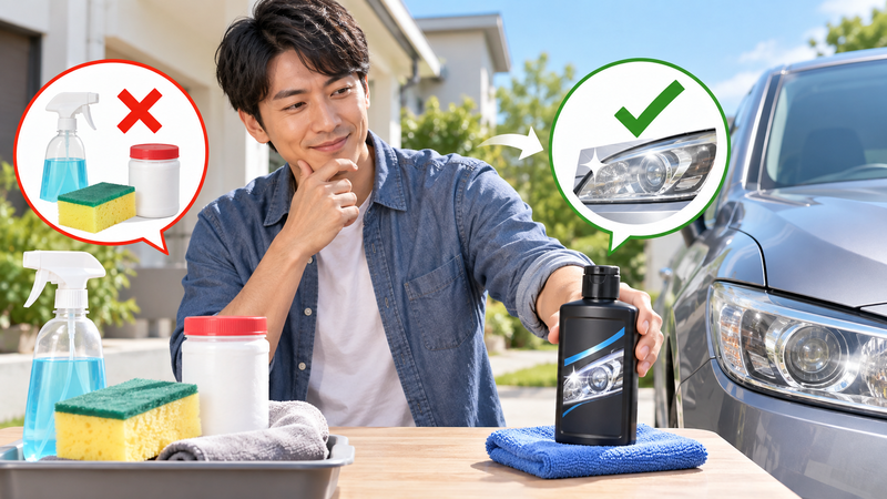 ヘッドライトの黄ばみ取りで家庭用掃除用品ではなく専用クリーナーを選ぶ男性