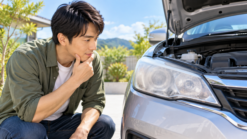 ボンネットを開けた車で内側が曇ったヘッドライトの状態を確認する男性