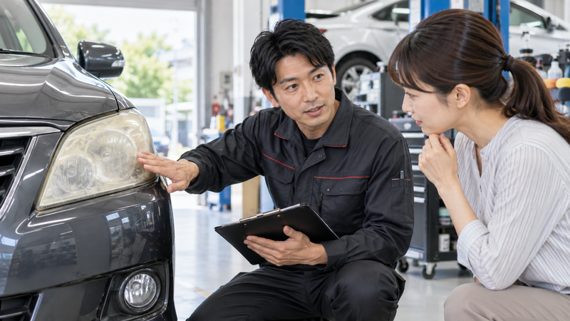 整備工場で黄ばんだヘッドライトを確認し修理方法をオーナーへ説明する整備士