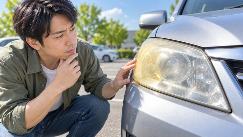黄ばんだ車のヘッドライトを近くから確認して外側と内側の状態を見分ける男性