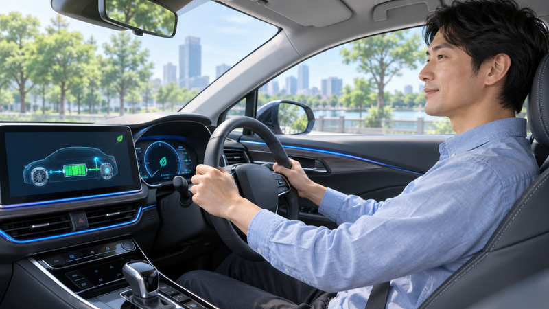 ハイブリッド車を走行させながらバッテリーの充電状態を確認する男性ドライバー