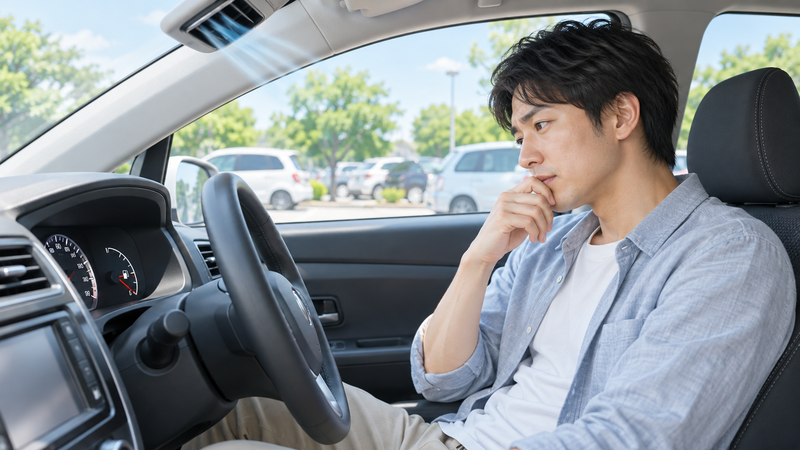 駐車中の車内で休憩しながら、エンジンをかけたままにする影響を気にして考えている男性ドライバー