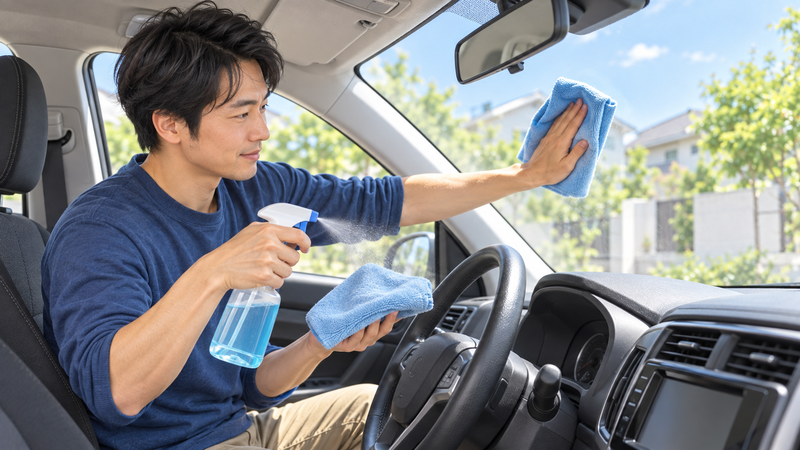 車内でガラスクリーナーをクロスに吹き付けて内窓を拭いている男性