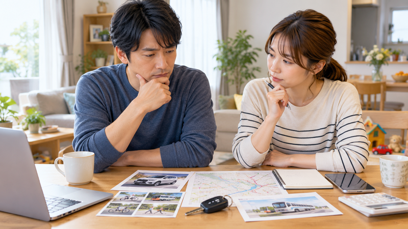 車を持ち続けるか公共交通を活用するか自宅で話し合う夫婦