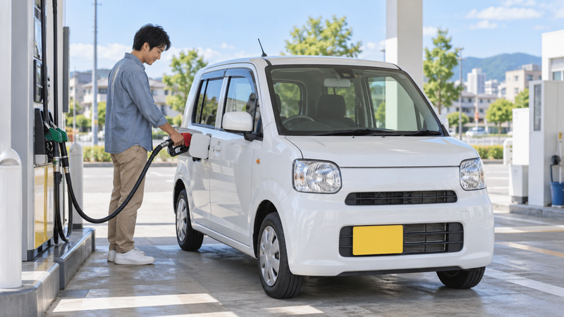 ガソリン残量が少なくなった軽自動車にガソリンスタンドで給油する男性