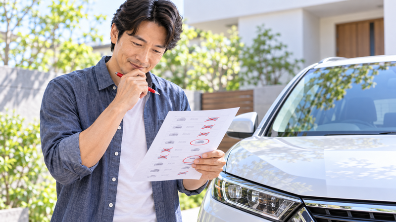 車の希望ナンバー候補を確認しながら避けたい数字を候補から外す男性