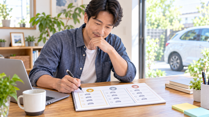希望ナンバーの抽選に備えて第1希望から第3希望まで候補を整理する男性