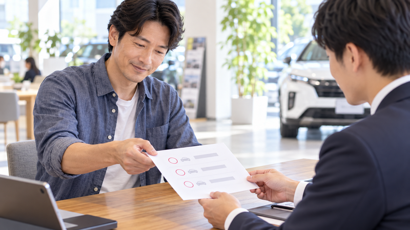 自動車販売店で第1希望から第3希望までの希望ナンバー候補を営業担当者に渡す男性