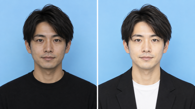 黒いトップスのみの服装と白いインナーを合わせた服装を比較する男性