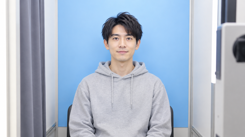 証明写真ブースでフードを被らずにパーカー姿で座る男性