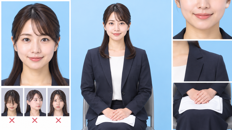 姿勢や表情、髪型、服装の整え方を証明写真向けにまとめた女性のイメージ