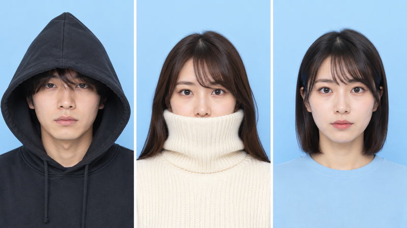 フード付きパーカーや高すぎるタートルネック、背景と同化しやすい服装のNG例