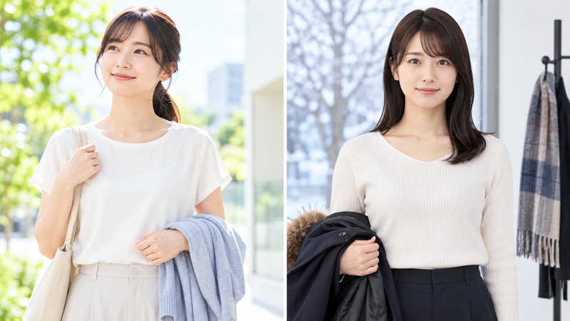 夏の軽い服装と冬にコートを脱いだすっきりした服装を比較した女性のイメージ