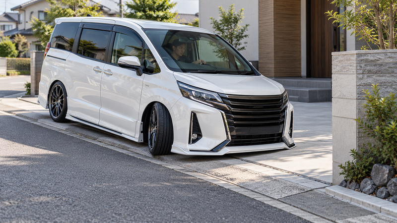 車高の低いエアロ付きミニバンが坂のある駐車場へ慎重に進入する様子