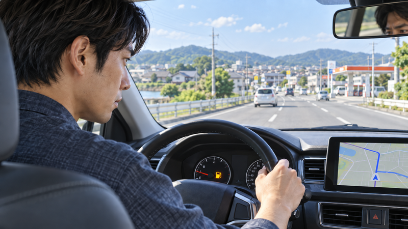燃料残量が少ない状態でナビを確認しながら走行距離を意識して運転する男性