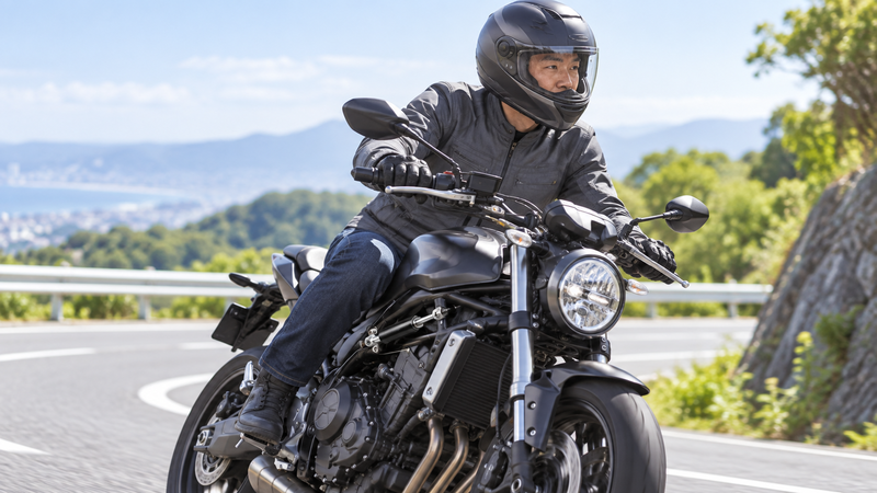 ワインディングロードを安定して走るネイキッドバイクとライダーの様子