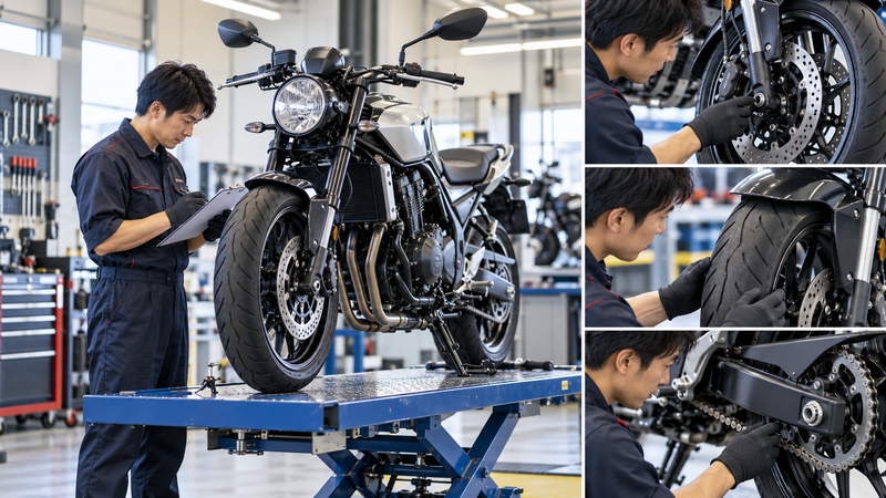 整備リフト上のバイクをチェックシートを使って定期点検する整備士