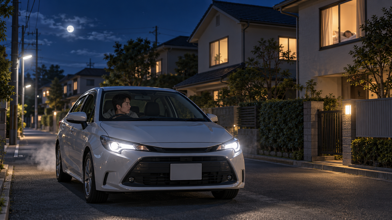 夜の住宅地でエンジンをかけたまま停車し、周囲への騒音や迷惑を気にしている車