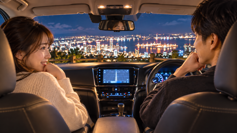 夜景スポットに停めた車内で二人きりの時間を楽しむ男女