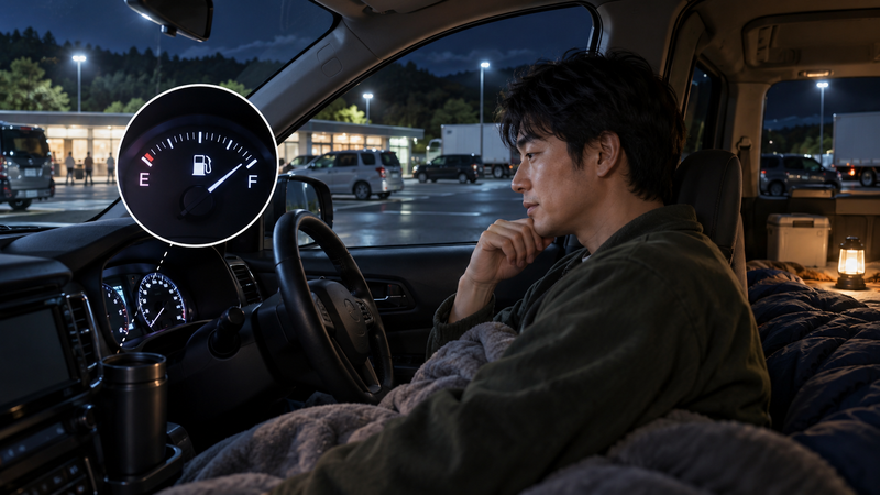 夜の休憩所で車中泊しながら、燃料残量を確認している男性