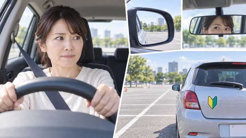 久しぶりの運転で緊張しながらハンドルを握る初心者マーク付きの車の女性
