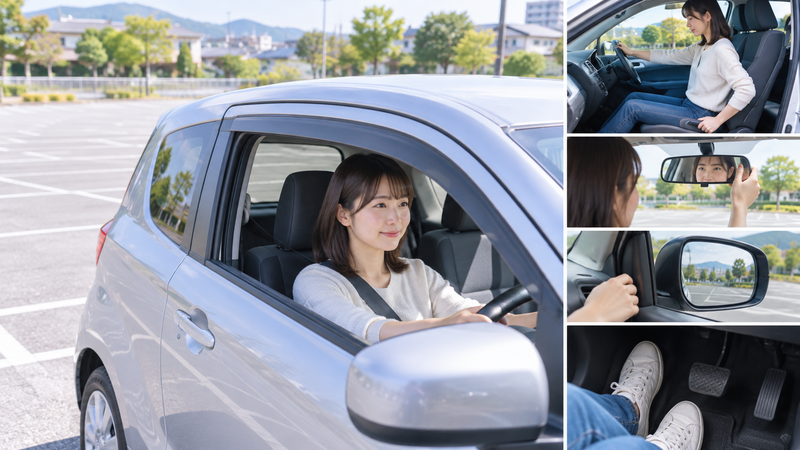 久しぶりの運転で緊張しながらハンドルを握る初心者マーク付きの車の女性