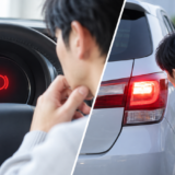 メーター内のブレーキ警告灯と消えない車外のブレーキランプを確認する男性
