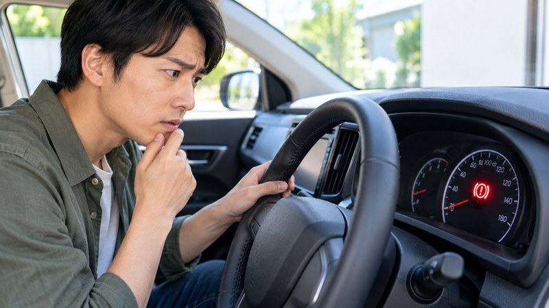 電動パーキングブレーキの警告灯が点滅しているメーターを確認する男性