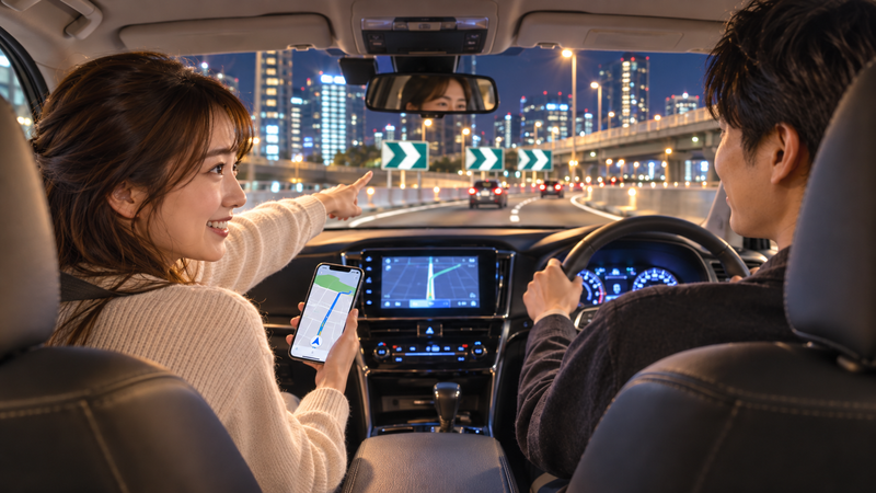 夜のドライブ中に助手席の女性がスマホの地図を確認して運転手をサポートする様子
