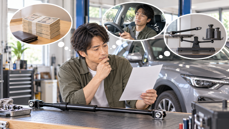 整備工場で見積もりを見ながらパフォーマンスダンパーの費用やデメリットを検討する男性