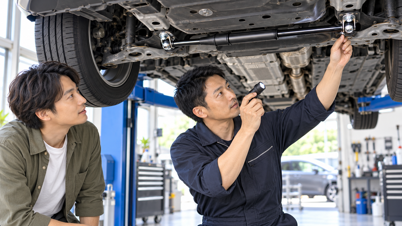 リフトアップした車の下でパフォーマンスダンパーや取付部を点検する整備士