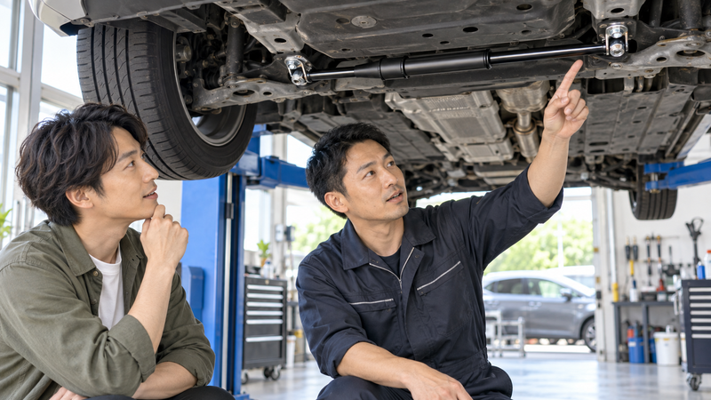 整備工場で車体下に取り付けられたパフォーマンスダンパーを整備士から説明される男性