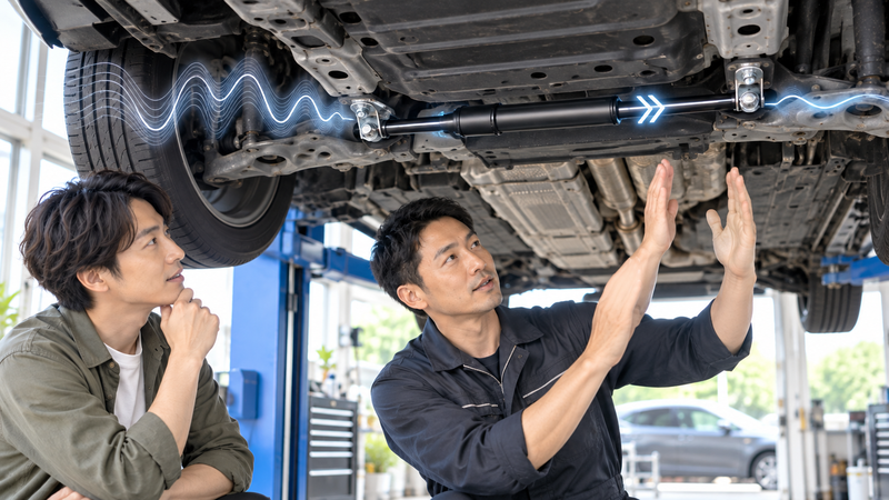 車体下のパフォーマンスダンパーが微細な振動を吸収する仕組みを整備士が説明している様子