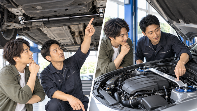 車体下のパフォーマンスダンパーとエンジンルーム内のタワーバーを比較している様子
