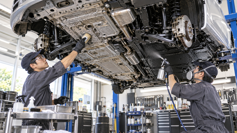 専門工場で整備士が車の下回りを洗浄しながら防錆施工している様子