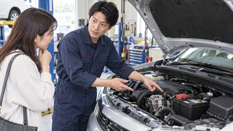車のオルタネーターとバッテリーを示しながら空ぶかしによる充電について説明する整備士