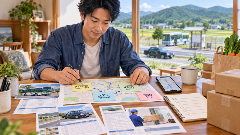 地方でバスやタクシー、宅配を組み合わせた車なし生活の計画を立てる男性