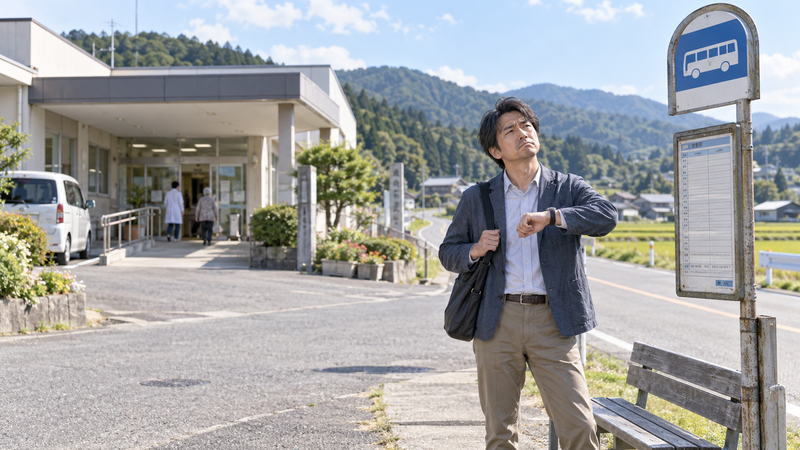 地方の病院前のバス停で帰りのバスを待ちながら時刻を確認する男性