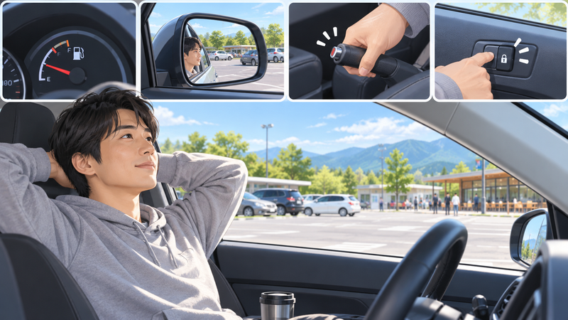 駐車中の車内で燃料残量や周囲の状況、施錠や駐車ブレーキを確認しながら安全に休憩する男性