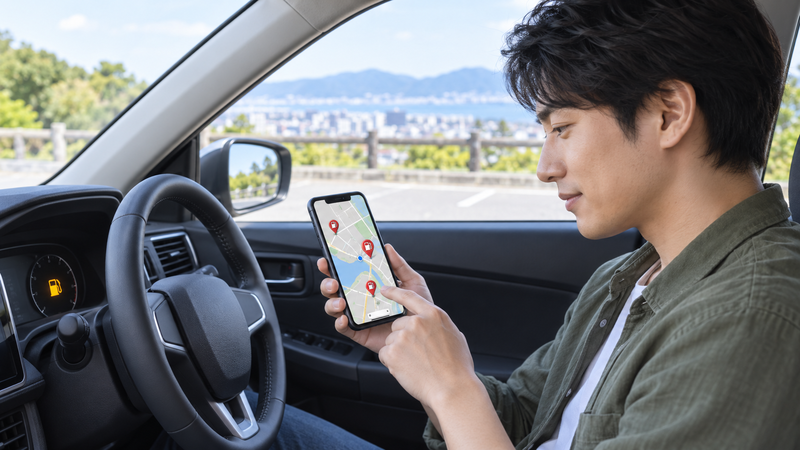 ガソリン警告を確認しスマホで最寄りのガソリンスタンドを探す男性