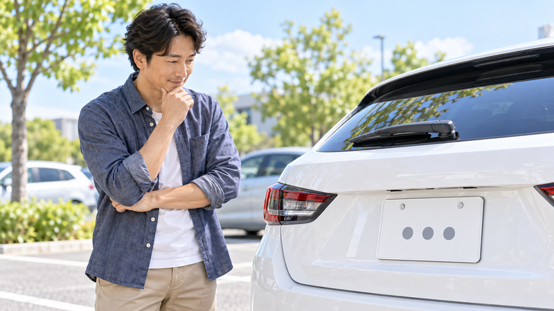 駐車場で白い車の3桁ナンバーを眺めながら見た目を確認する男性
