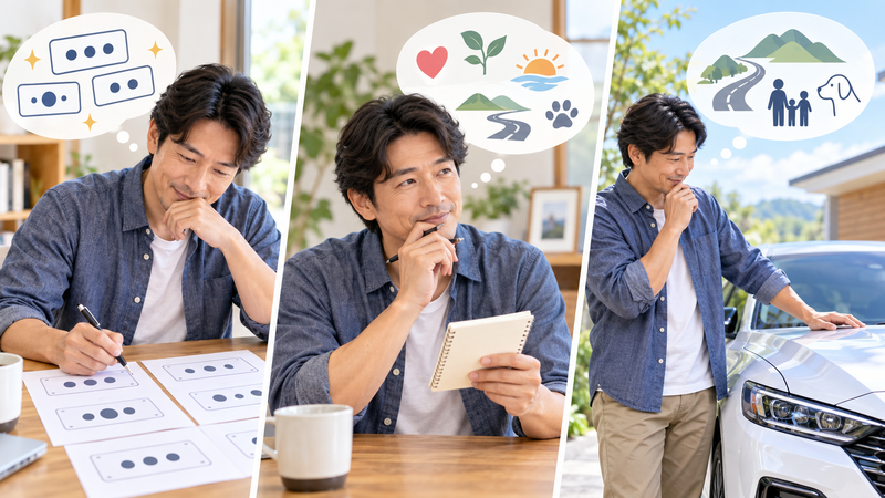 見た目・意味・自分由来の3つの考え方から希望ナンバーを検討する男性