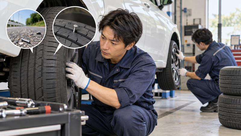 タイヤに刺さった釘の位置を確認しながら他のタイヤも点検する整備士