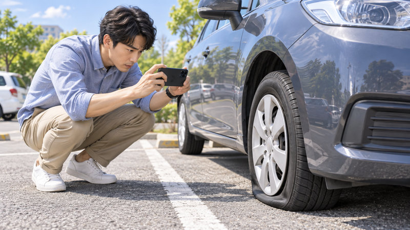 駐車場でパンクした車のタイヤをスマートフォンで撮影して状態を確認する男性