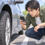 タイヤに刺さった異物を見つけてスマートフォンで確認する男性