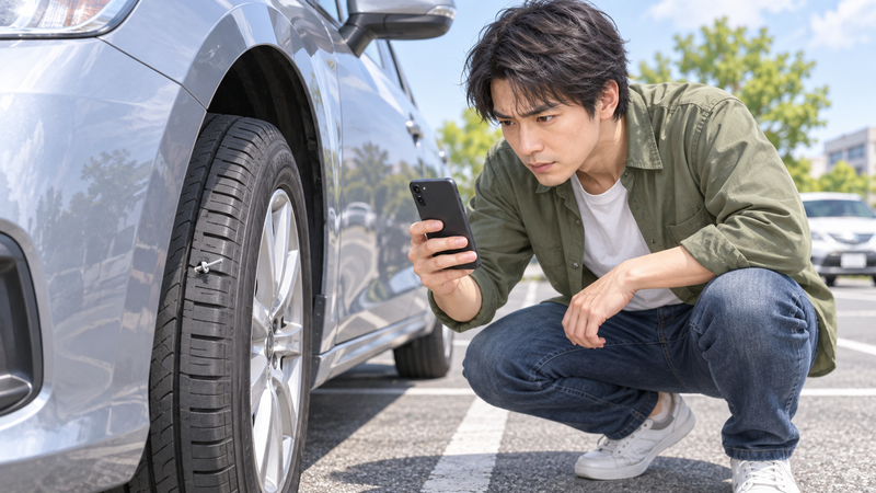 タイヤに刺さった異物を見つけてスマートフォンで確認する男性